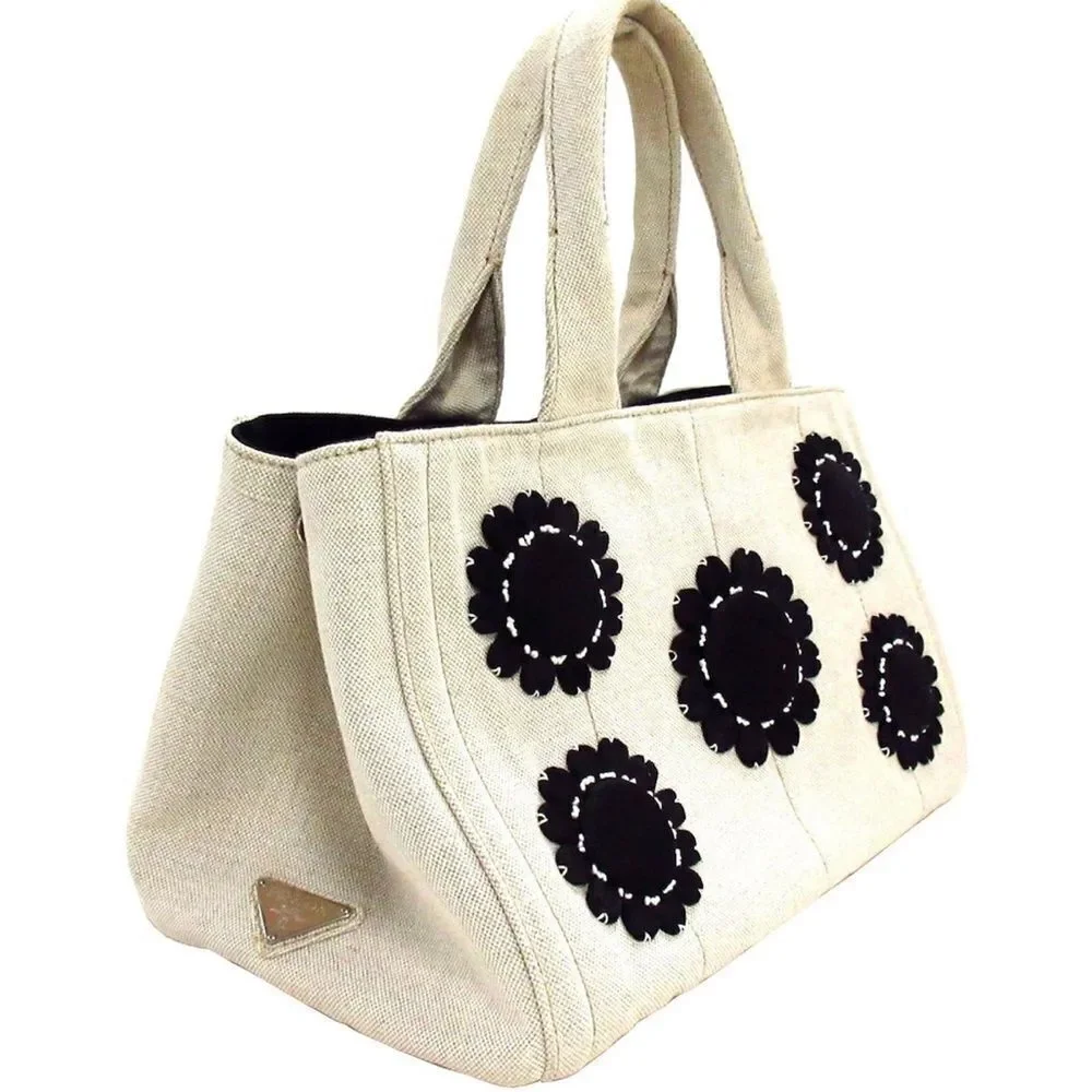 Auth Prada Canvas Linen Floral Canapa Tote Bag